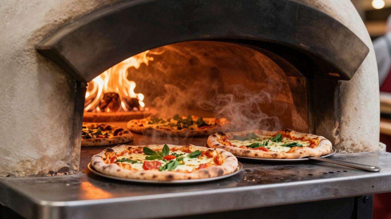 Mobile wood fired pizza oven cooking pizzas