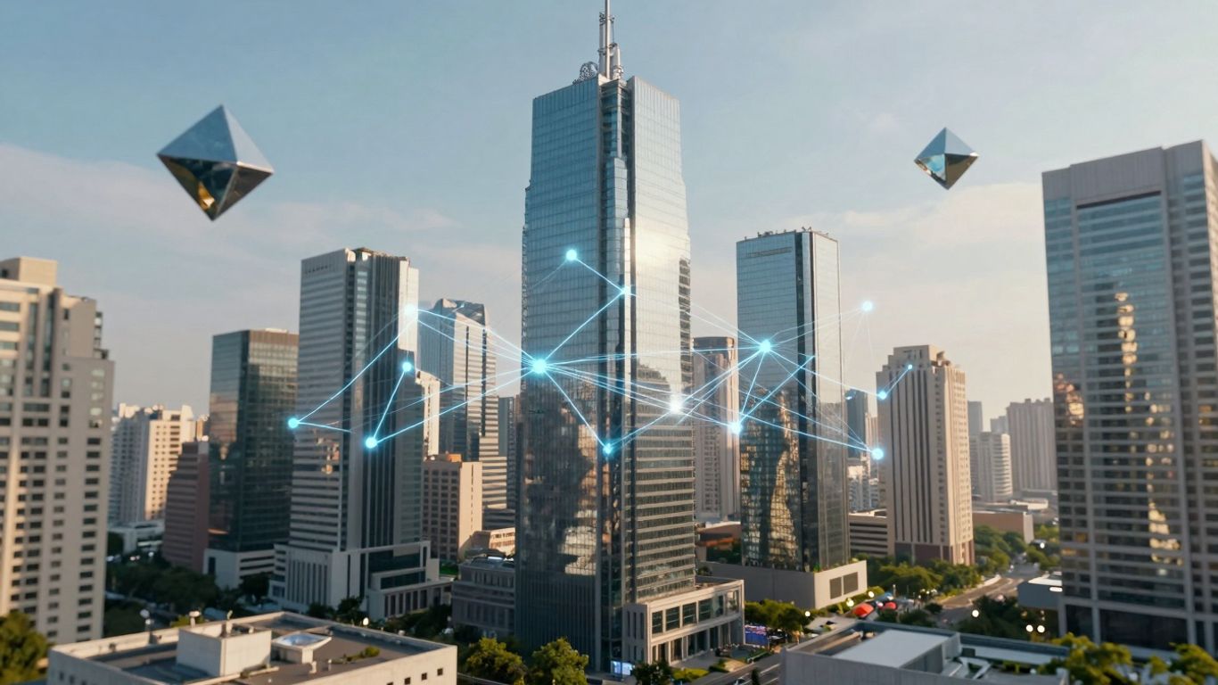 Oraș futurist conectat prin rețele digitale luminoase.