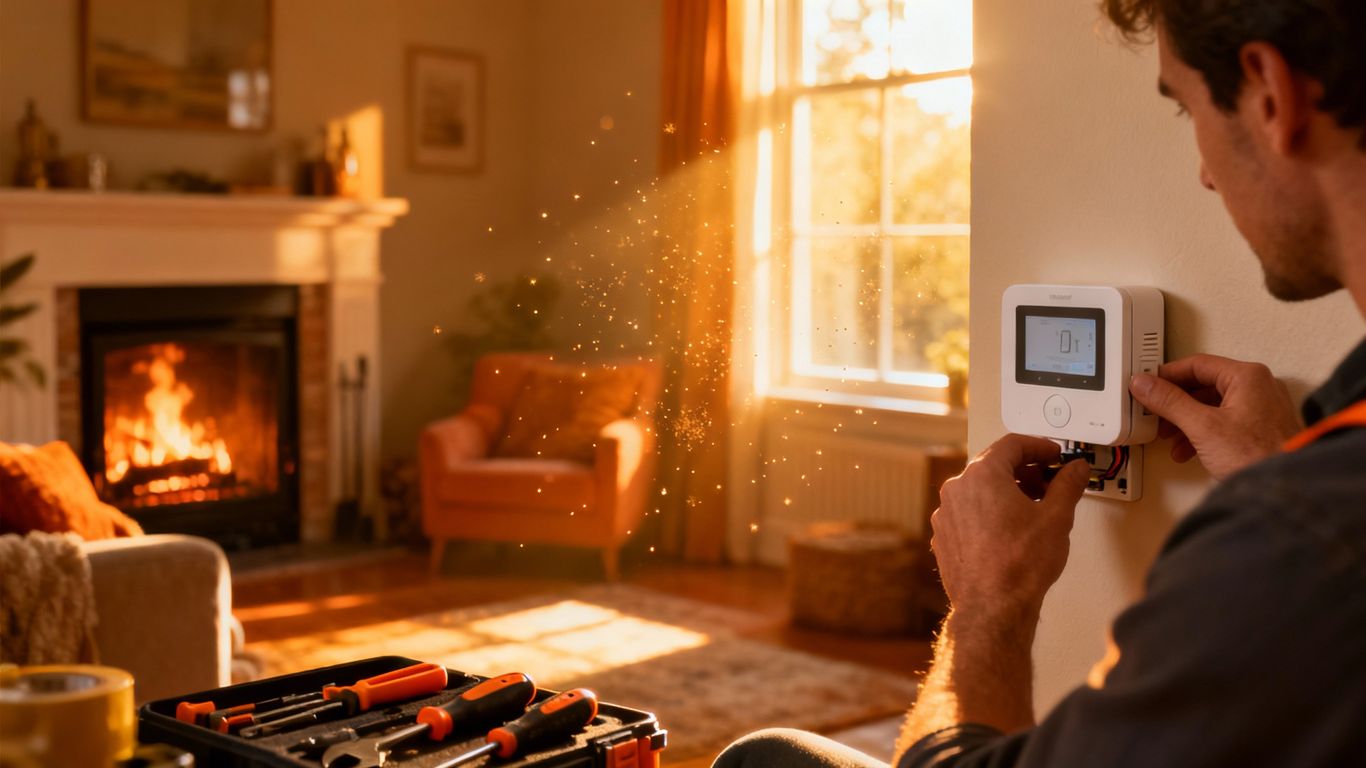Cozy living room with smart thermostat installation.