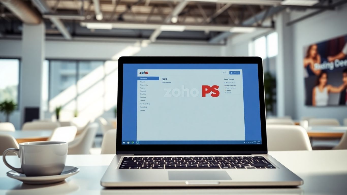 Zoho POS software on a laptop screen.
