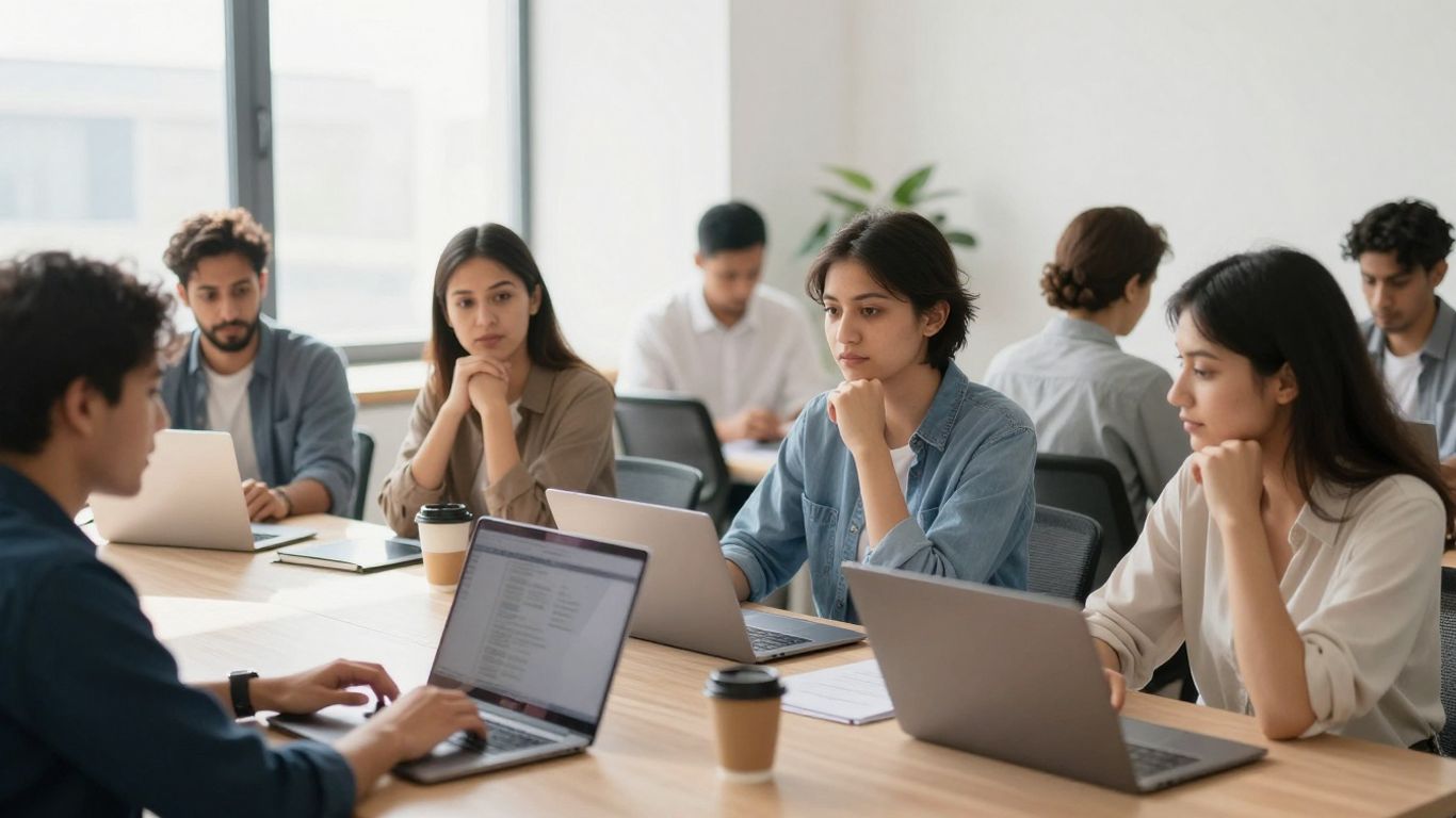 People collaborating in a bright, modern office.