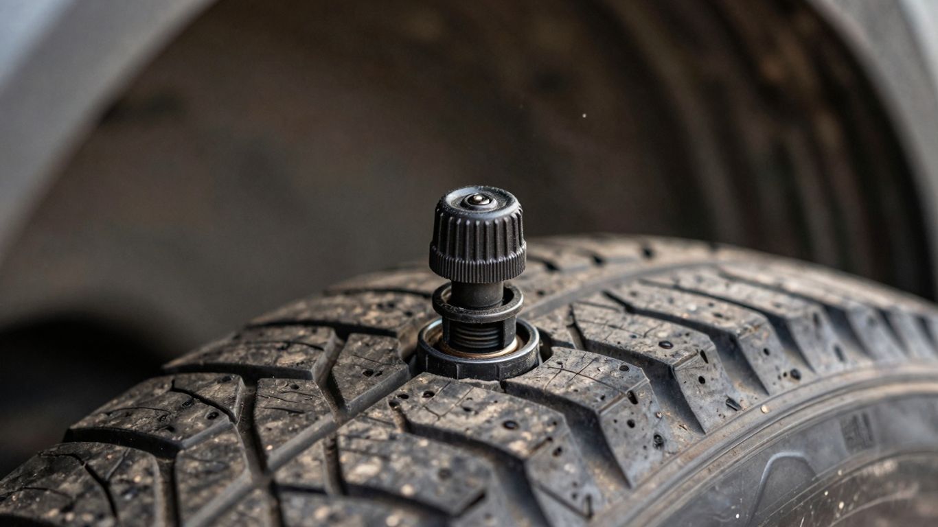 Tire valve cap on a car tire.