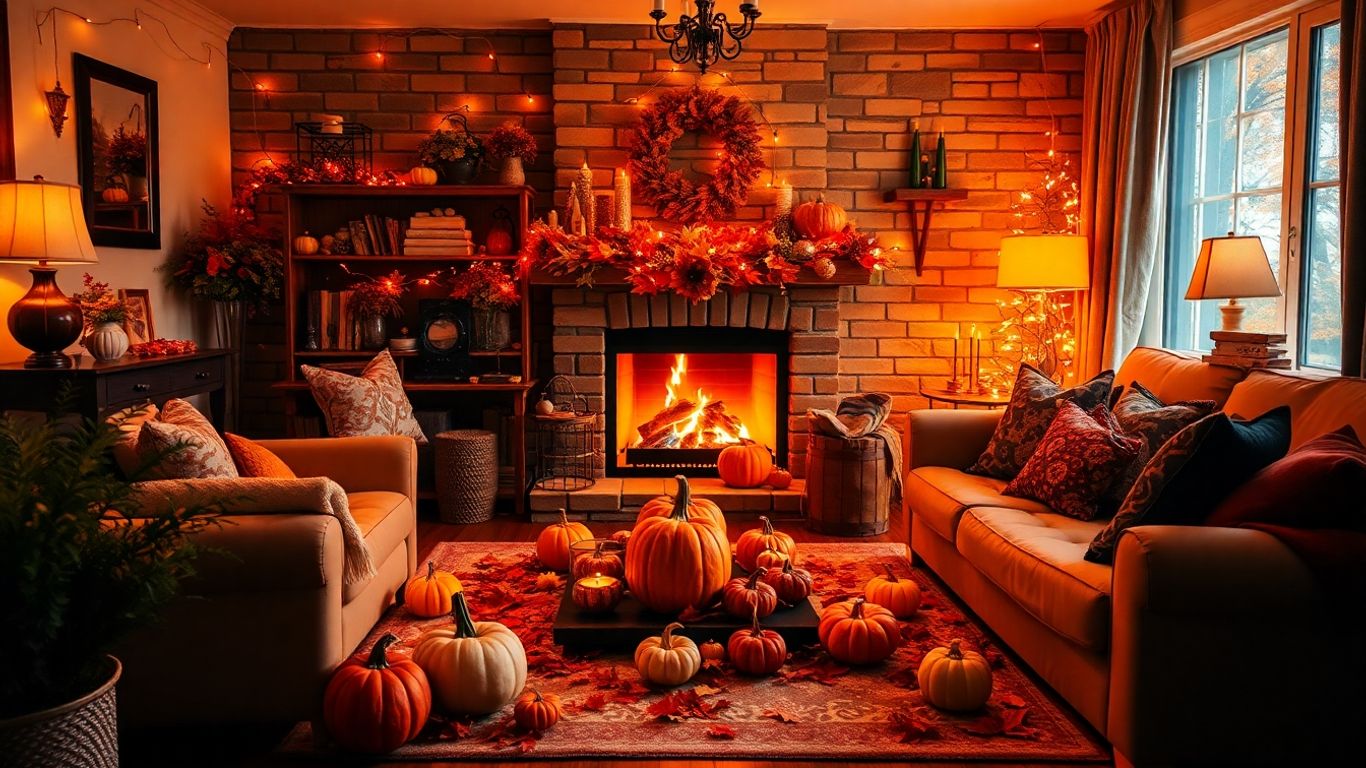 Cozy autumn party decorations with pumpkins and leaves.