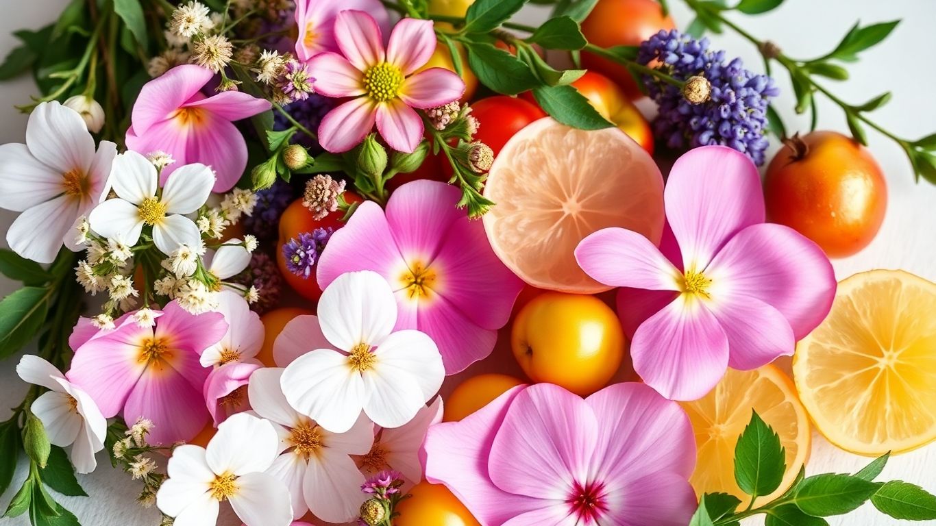 Flowers, herbs, and fruits arranged artfully.