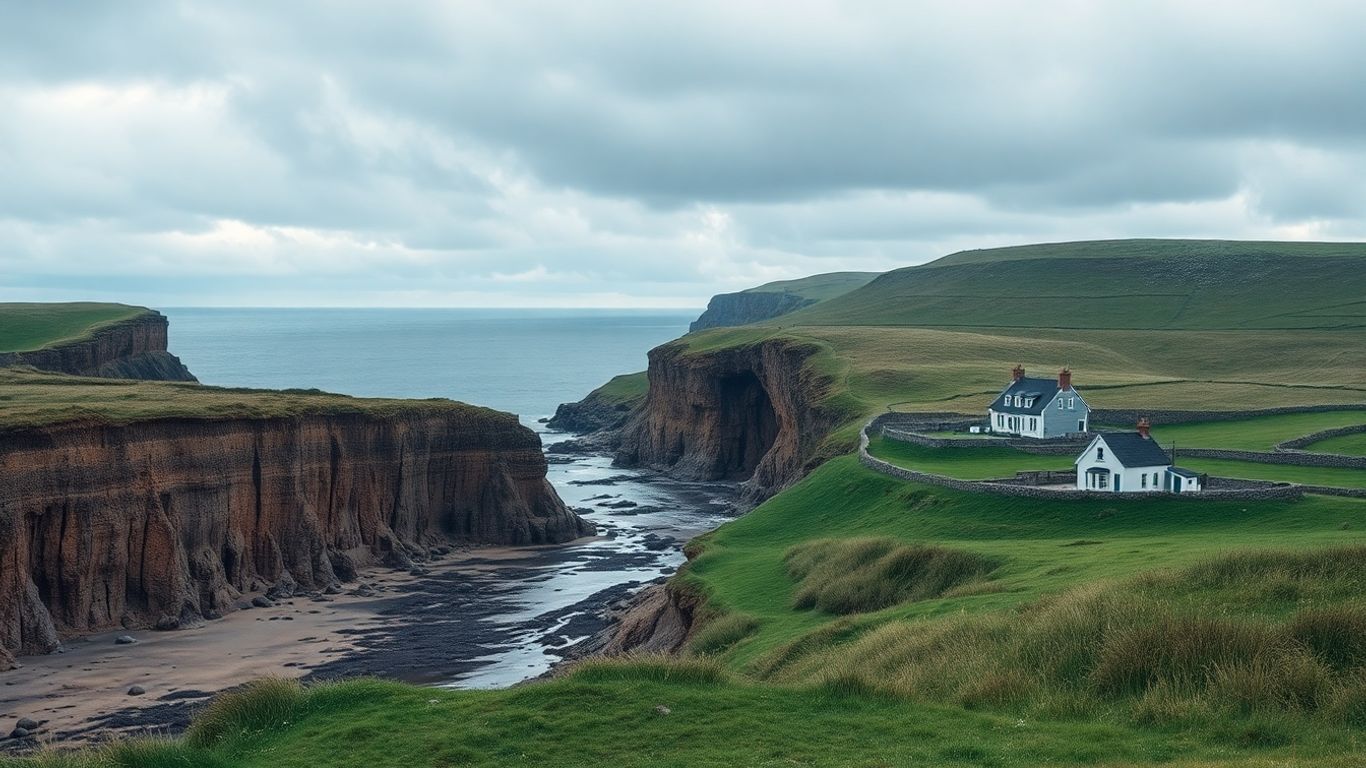 Paysage rural côtier avec falaises érodées et maisons anciennes.