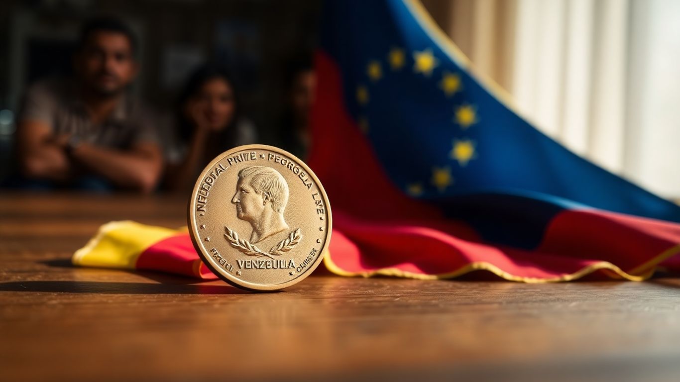 Médaille Nobel de la paix devant un drapeau vénézuélien