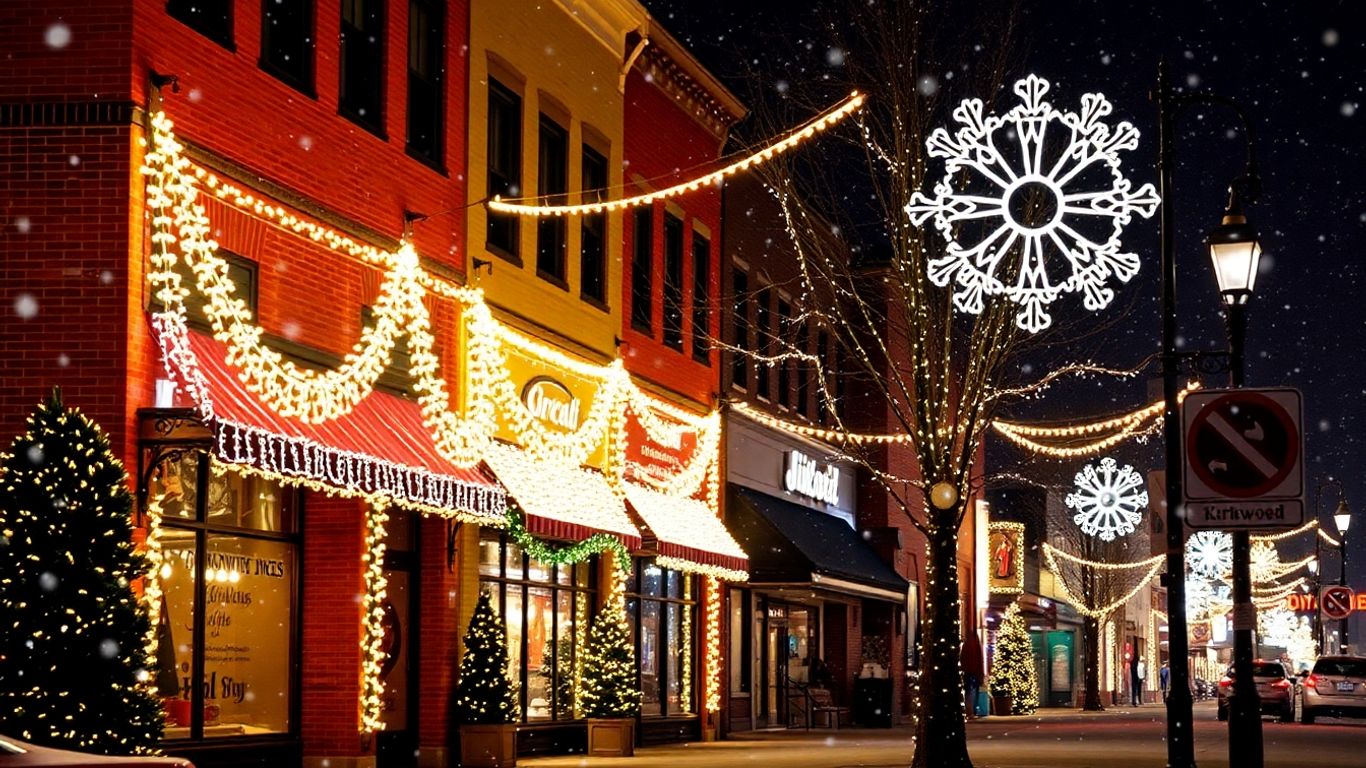 Kirkwood street decorated with bright commercial Christmas lights.