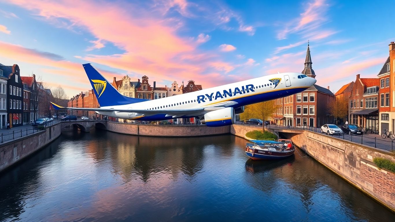 Un avion Ryanair survolant les canaux d'Amsterdam