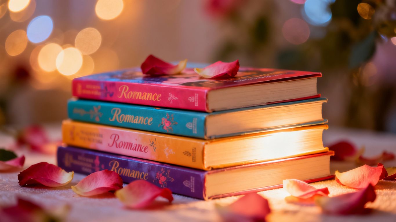 Stack of colorful romance novels with rose petals.