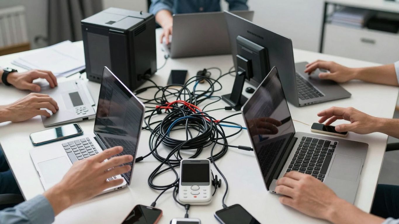 Confused hands reaching for scattered IT devices