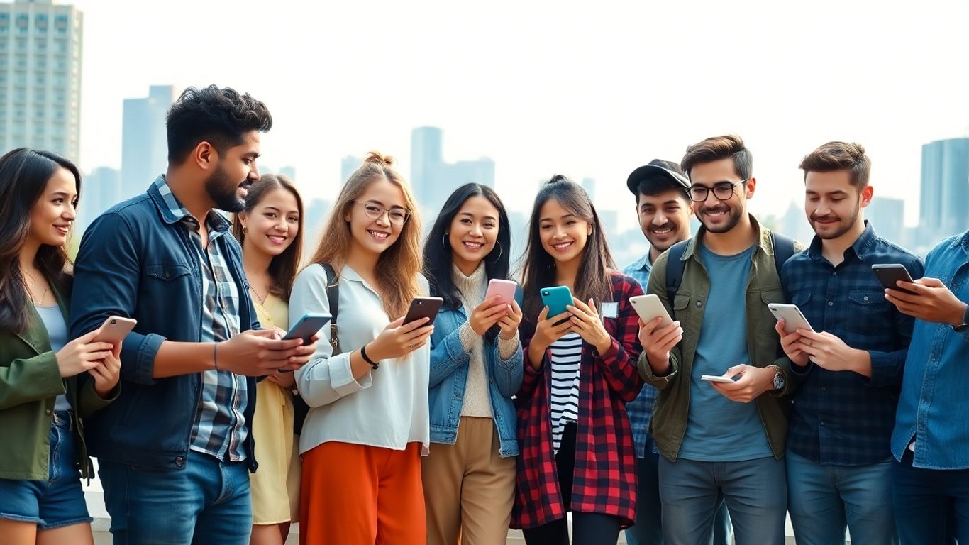Young adults holding phones with digital connections outdoors