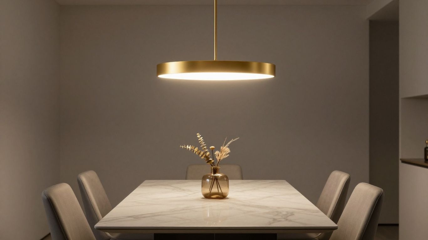 Elegant gold pendant light fixture over a dining table.