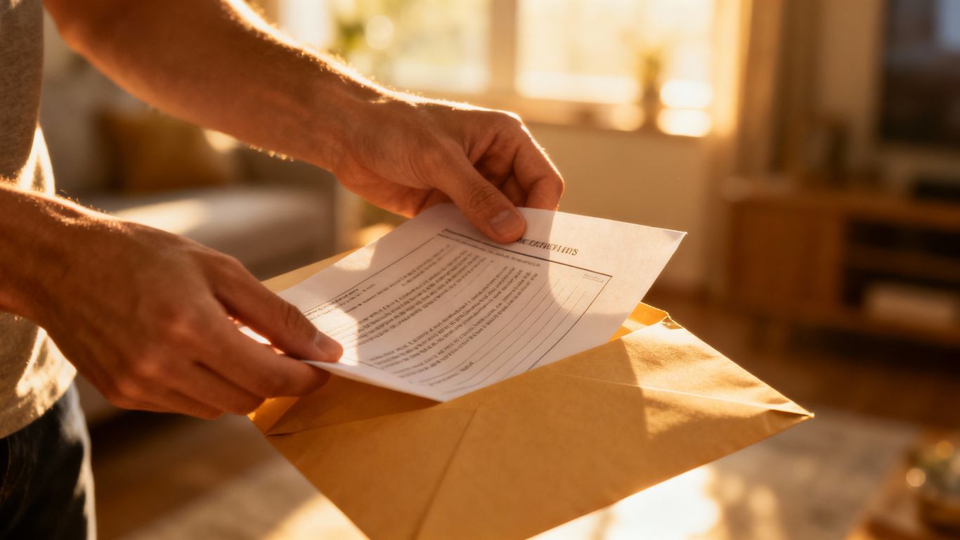 Hands sealing a will document in an envelope.
