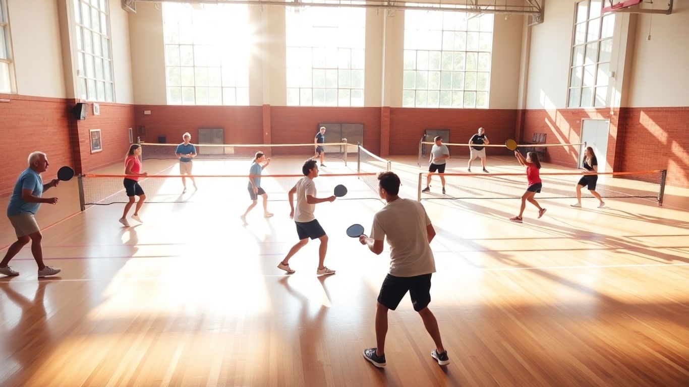 Indoor pickleball court with players in action.