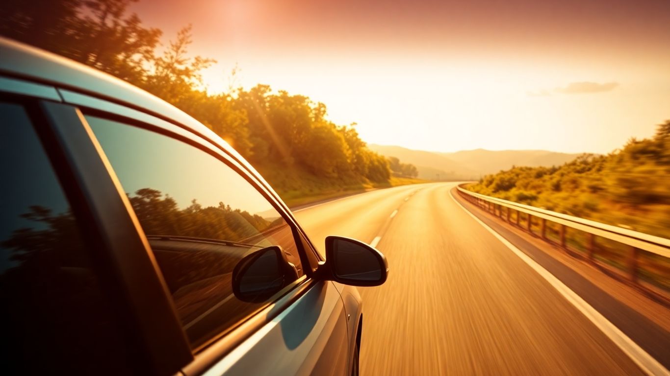 Car driving on a sunny highway, green landscape.