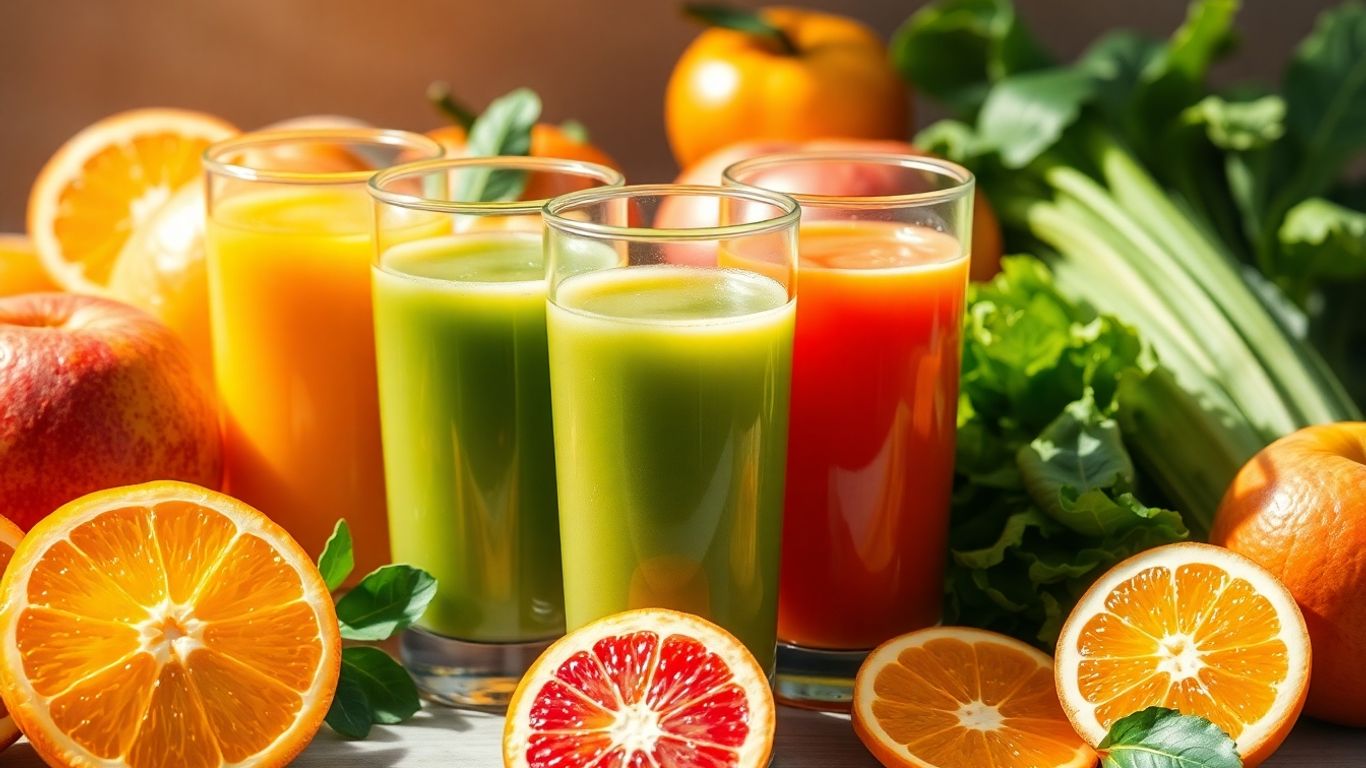 Freshly squeezed orange and green juices with whole fruits.