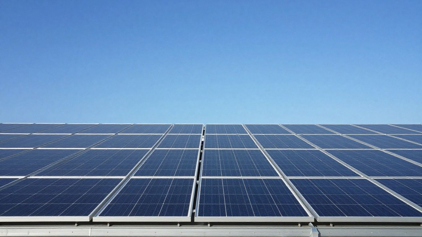 Rooftop solar panels under a bright sun.