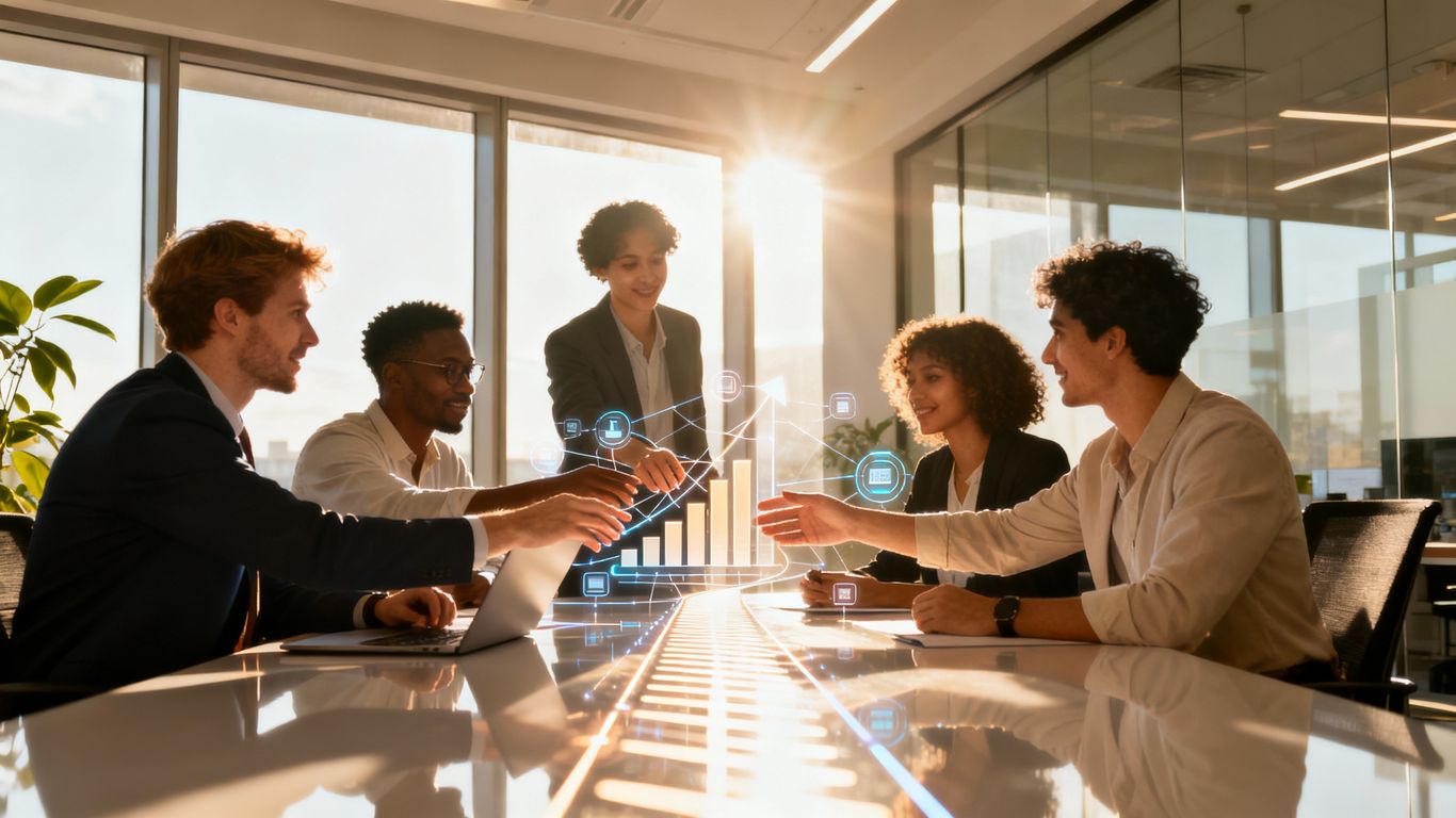 Business professionals collaborating on IT outsourcing for growth.