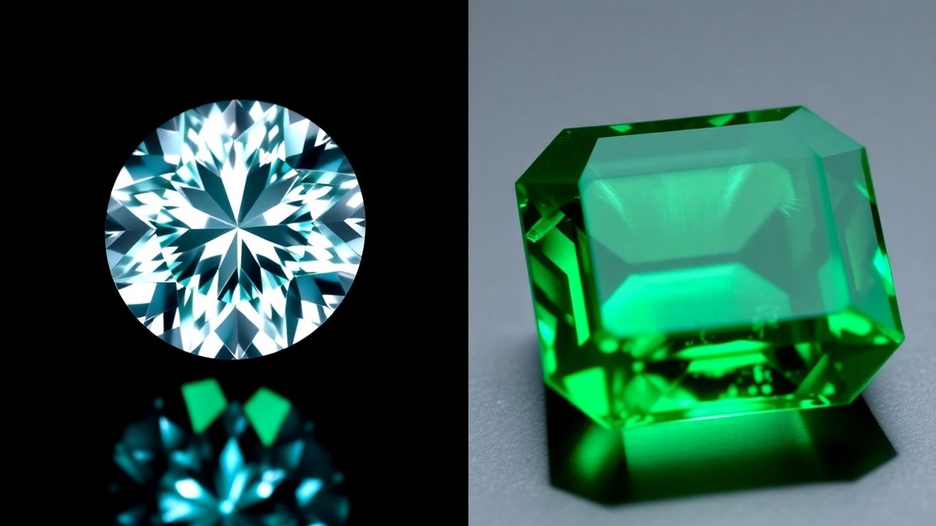 Moissanite and emerald gemstones side-by-side.