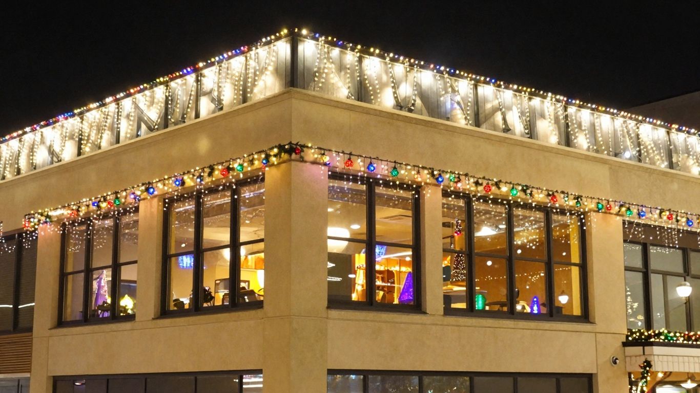 Commercial building with bright Christmas lights in St. Peters.