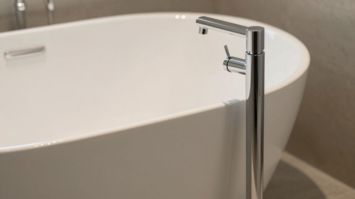 Modern freestanding bathtub faucet next to a soaking tub.