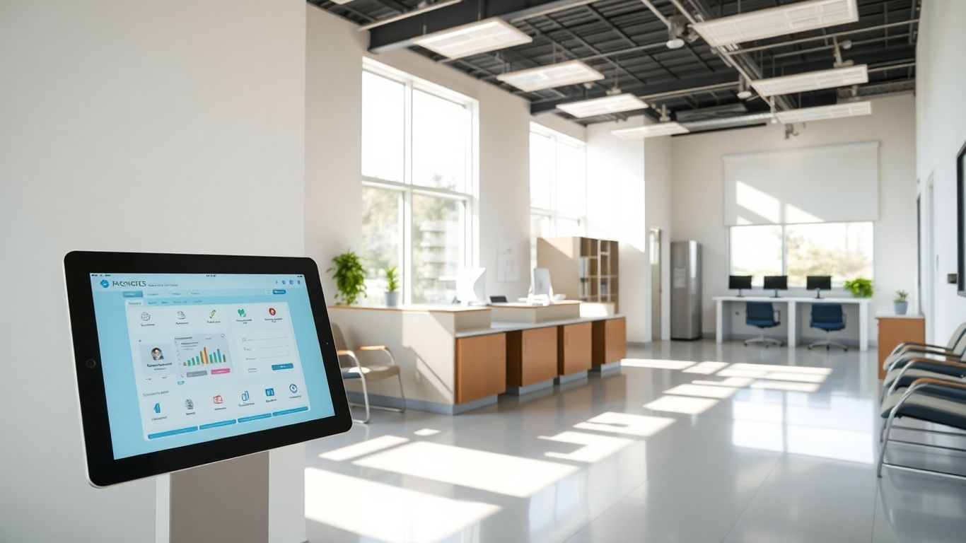 Modern clinic reception with digital tablet interface.