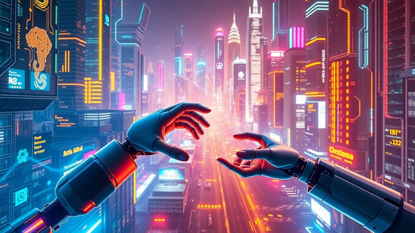 Futuristic cityscape with AI and human connection.