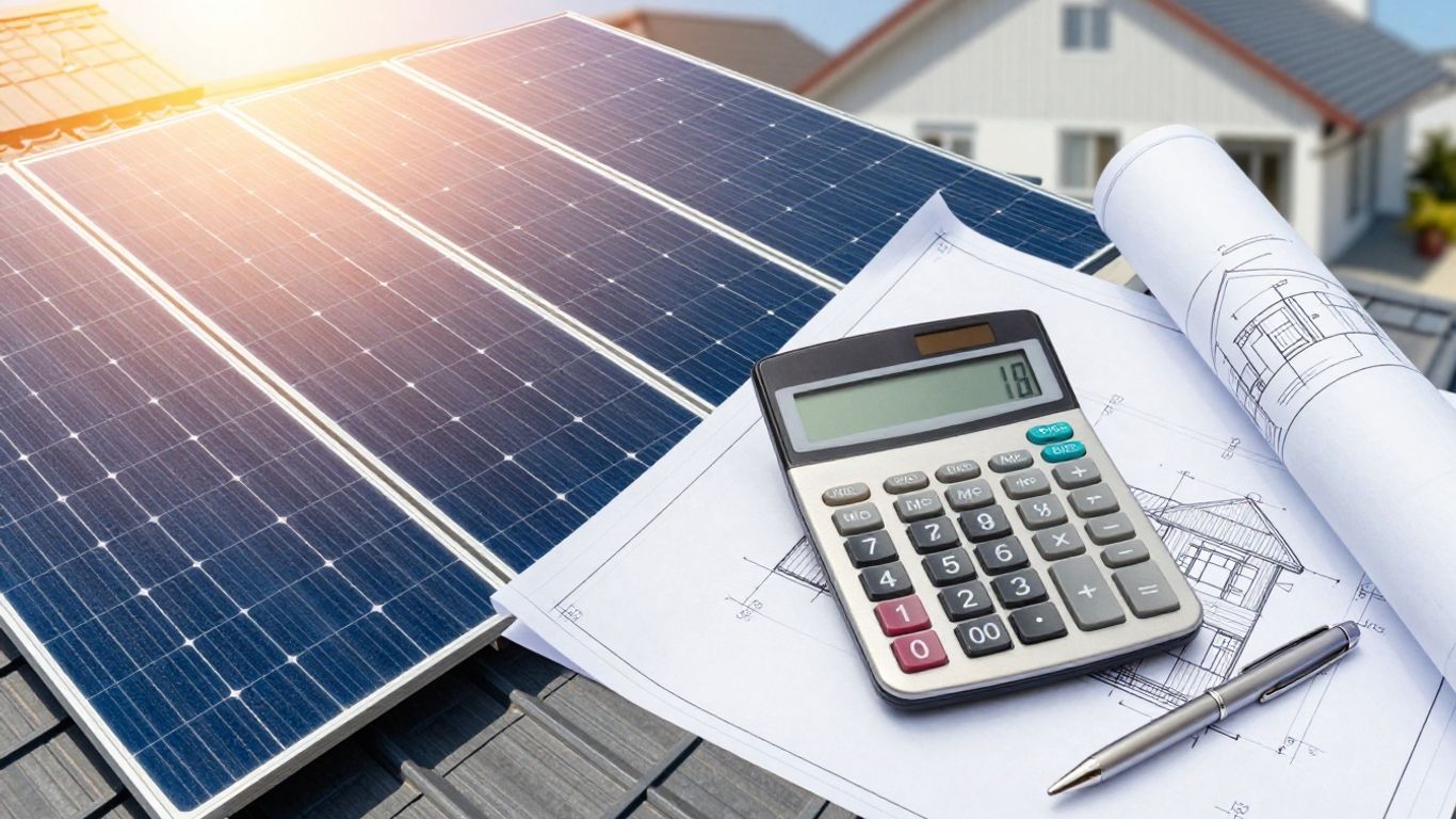 Solar panels on a roof with a calculator.