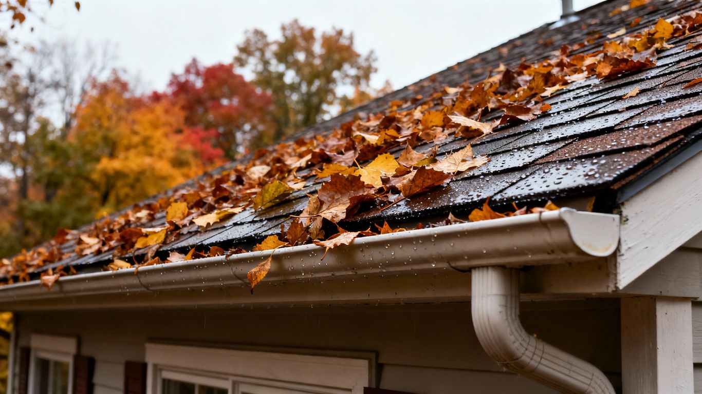 Autumn leaves on a house roof in Mentor, Ohio