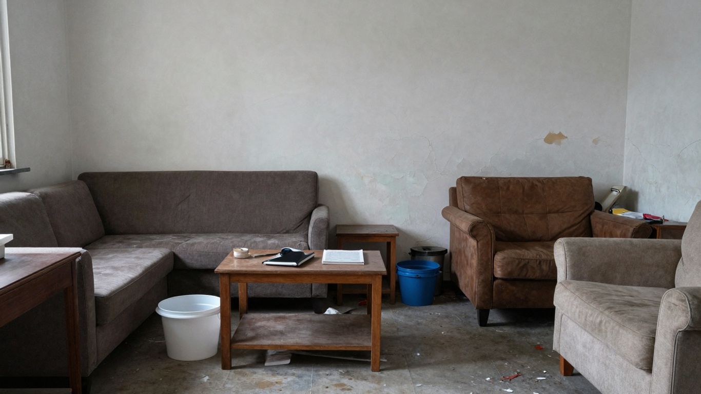 Cluttered Airbnb interior with mismatched furniture and poor lighting.