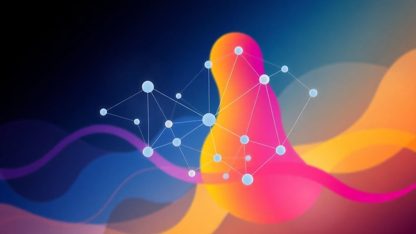 Interconnected nodes and flowing lines infographic.