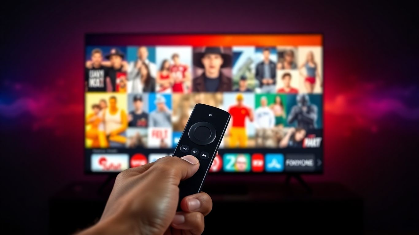 Firestick remote pointing at entertainment icons on TV.