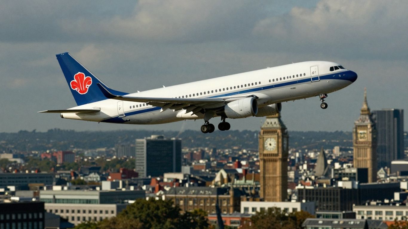 Airplane flying over London towards Europe