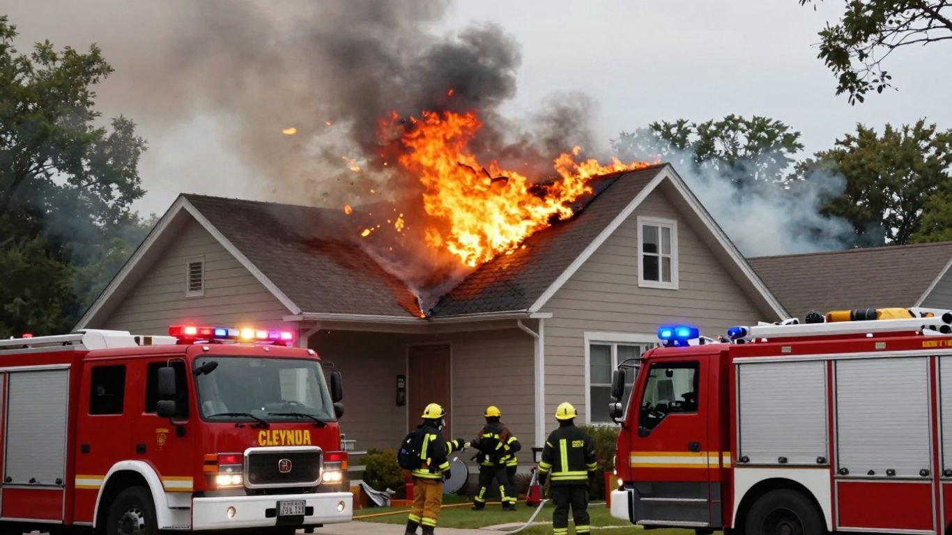 Casa en llamas con bomberos extinguiendo el fuego.
