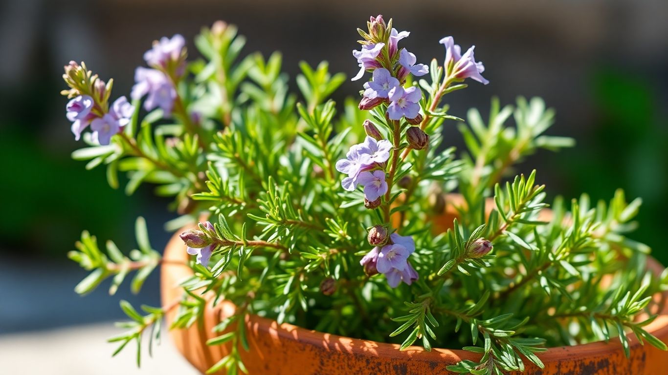 Planta de alecrim com folhas verdes e flores roxas.