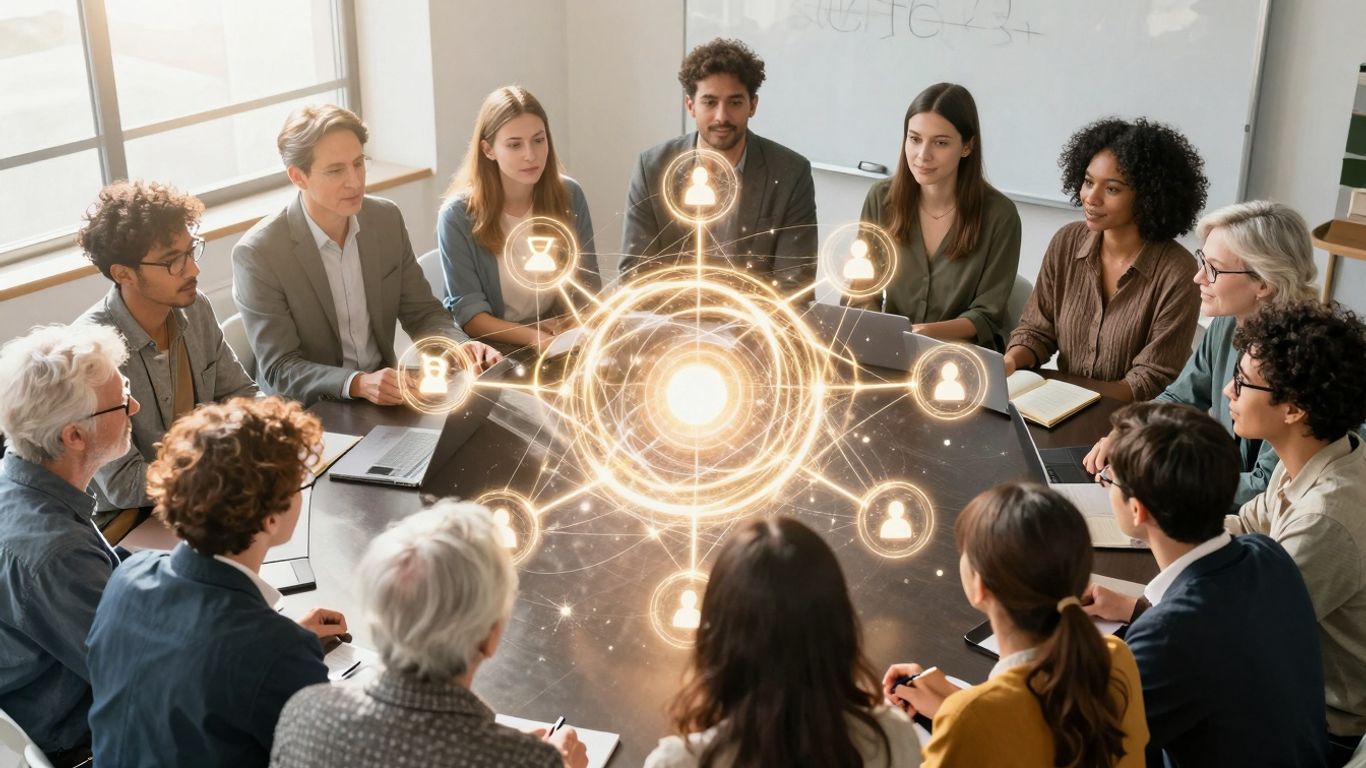 Oameni interacționând cu o sferă luminoasă de cunoștințe.