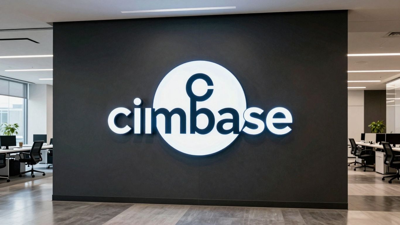 Coinbase Global logo in a modern office setting.