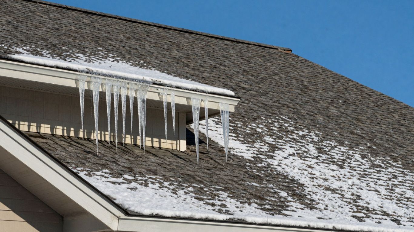 Winter roof with icicles and snow in Tolar, TX.