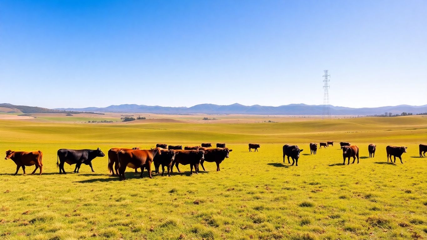 Australian cattle grazing in green pastures under a sunny sky.