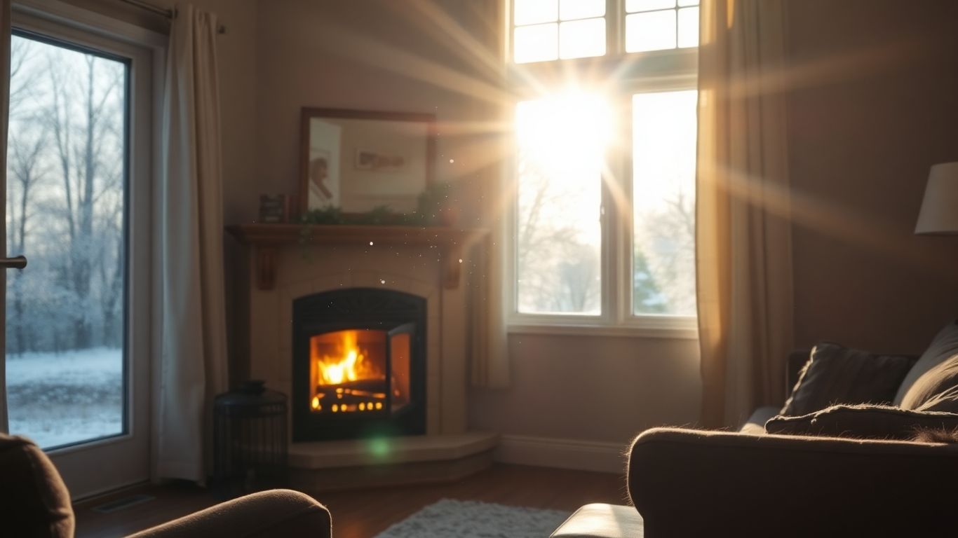 Homeowner adjusting thermostat in a warm, cozy living room.