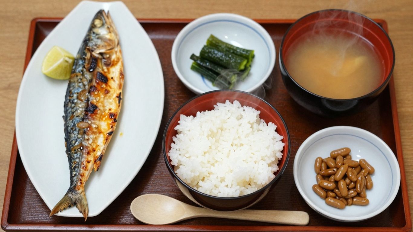 Traditional Japanese breakfast with fish, rice, and soup.