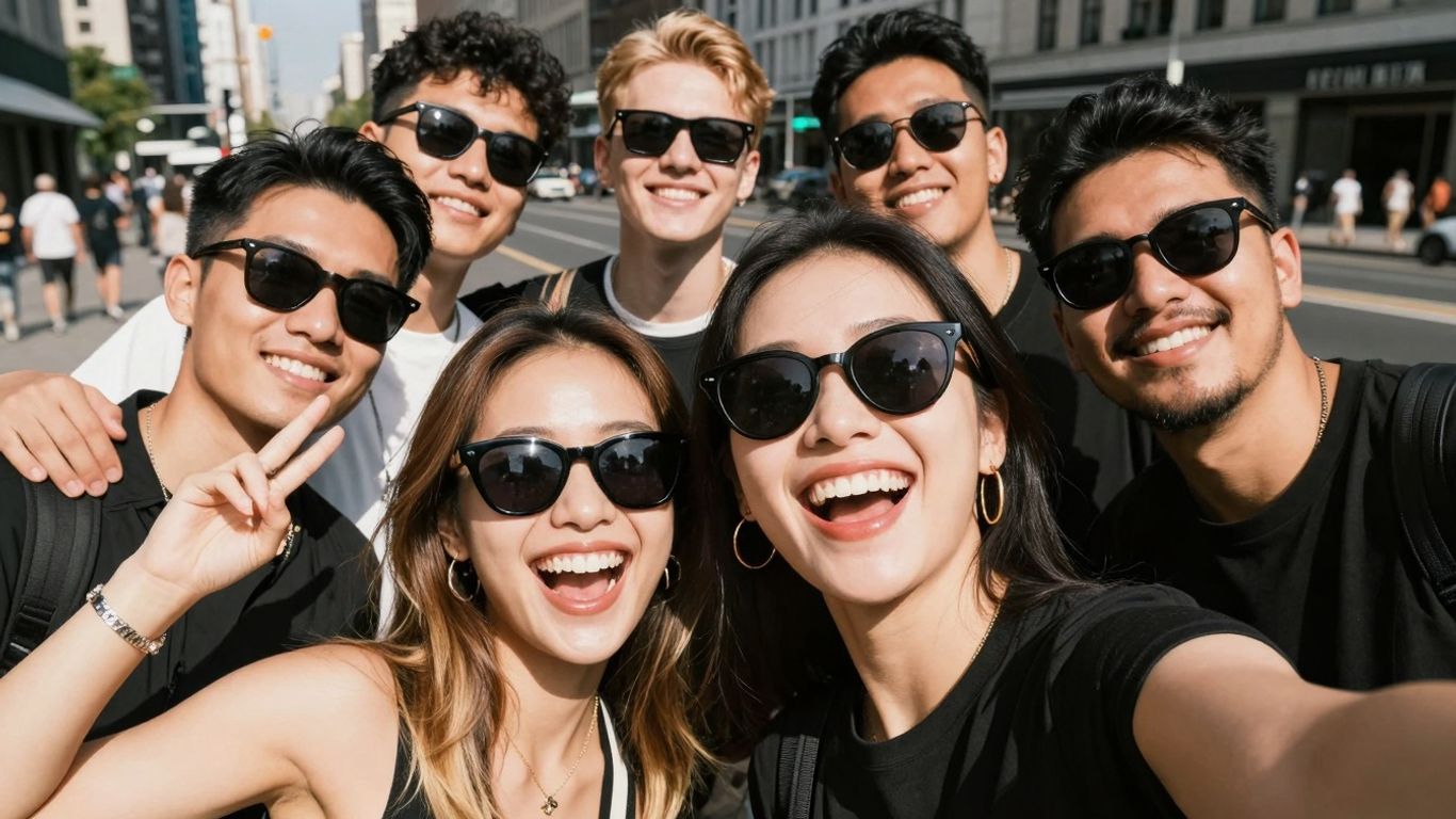 Young people taking a cool selfie outdoors.