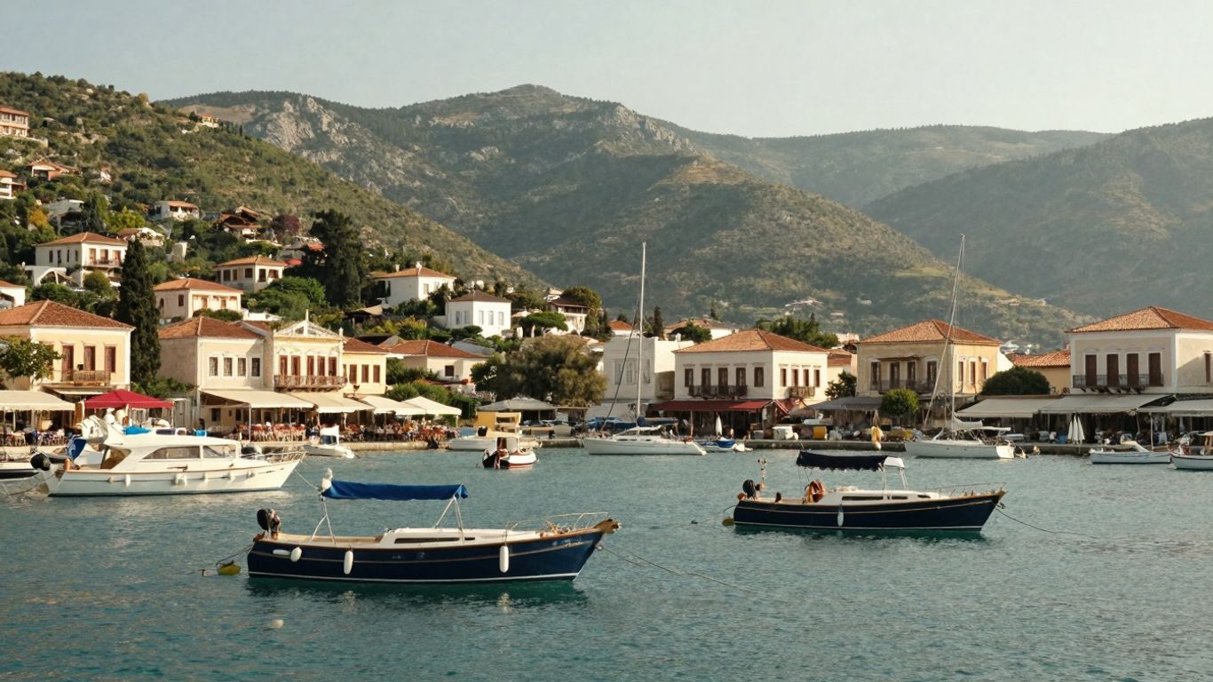 Colourful yachts in Fiskardo harbour with traditional buildings.