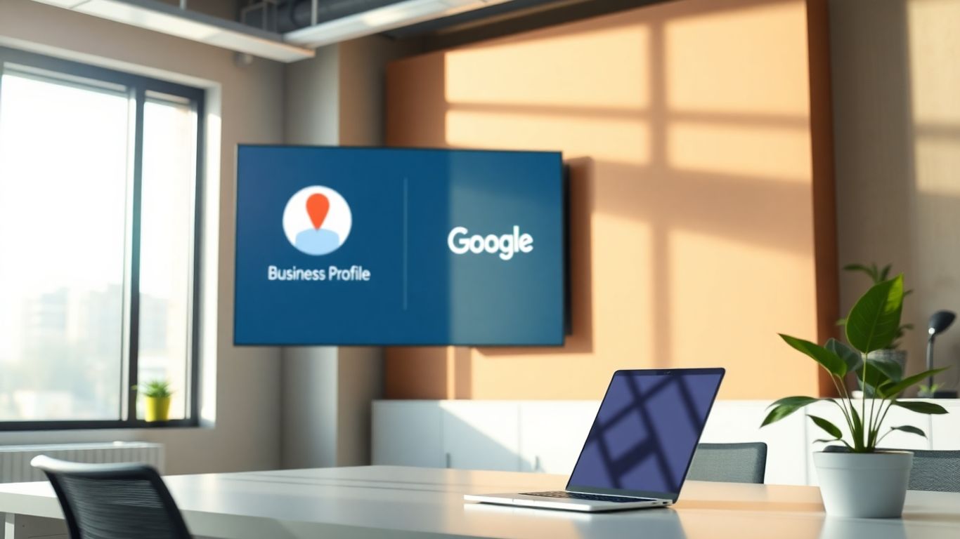Google Business Profile logo on a screen in an office.