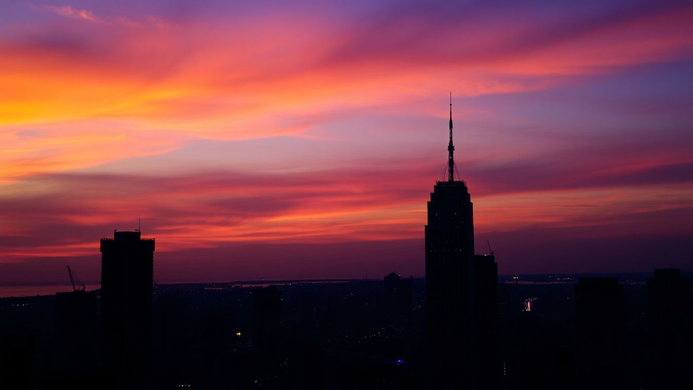 Vibrant cityscape at dusk with silhouetted skyscrapers and twinkling lights.