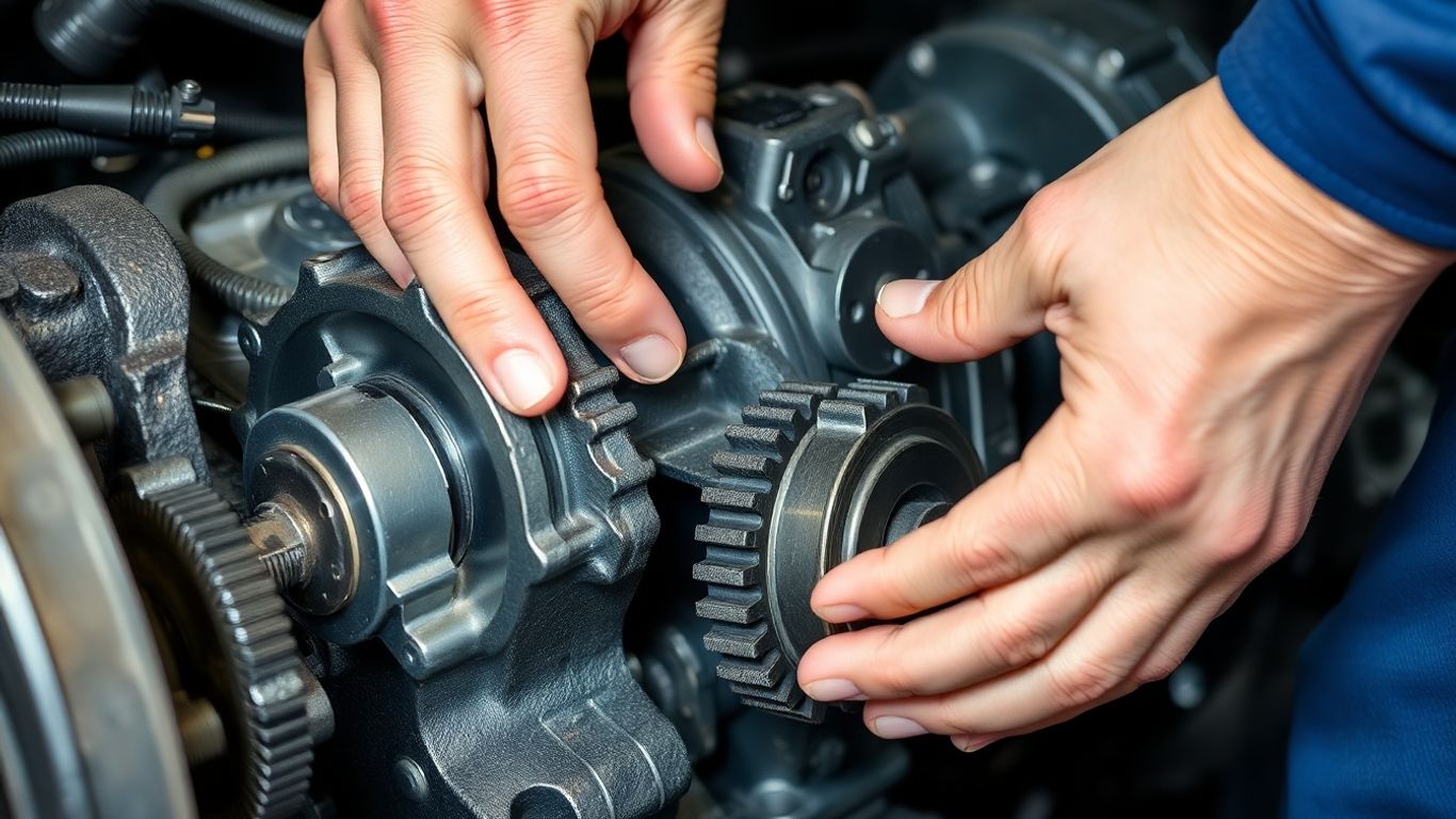 Nissan transmission components being inspected by a mechanic.