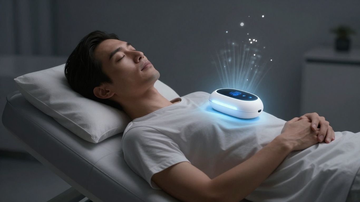 Person relaxing with VIBE PEMF therapy device.