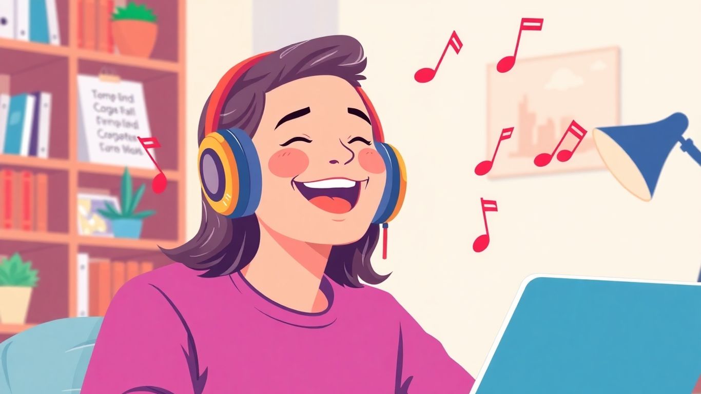 Person enjoying music with headphones, musical notes.