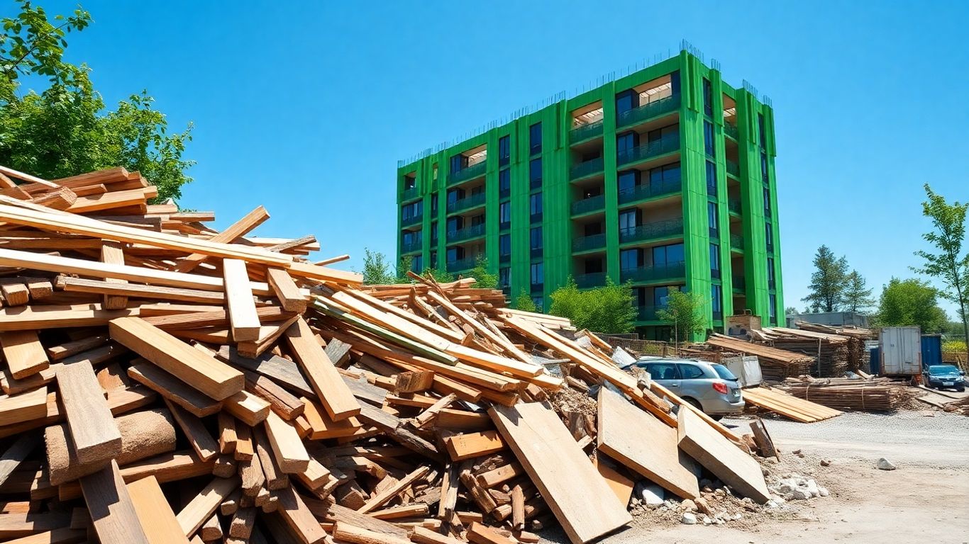 Minnesota construction site with recycled materials and eco-building.