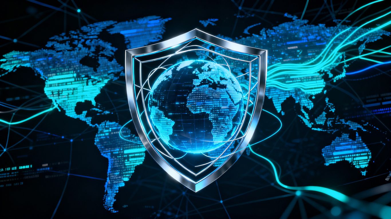 Digital globe with a cybersecurity shield.